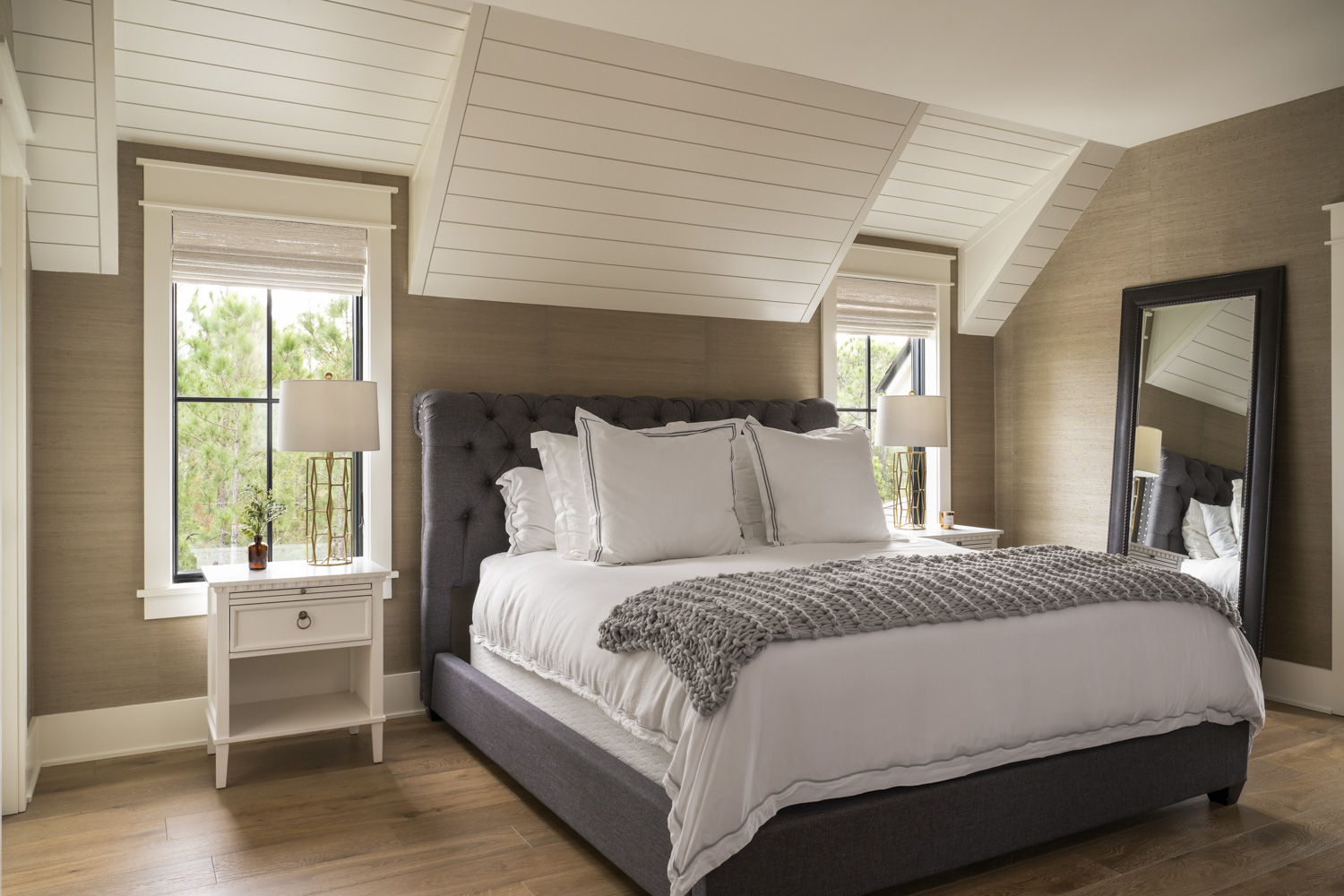 Primary Bedroom Primary bedroom with shiplap ceiling accents