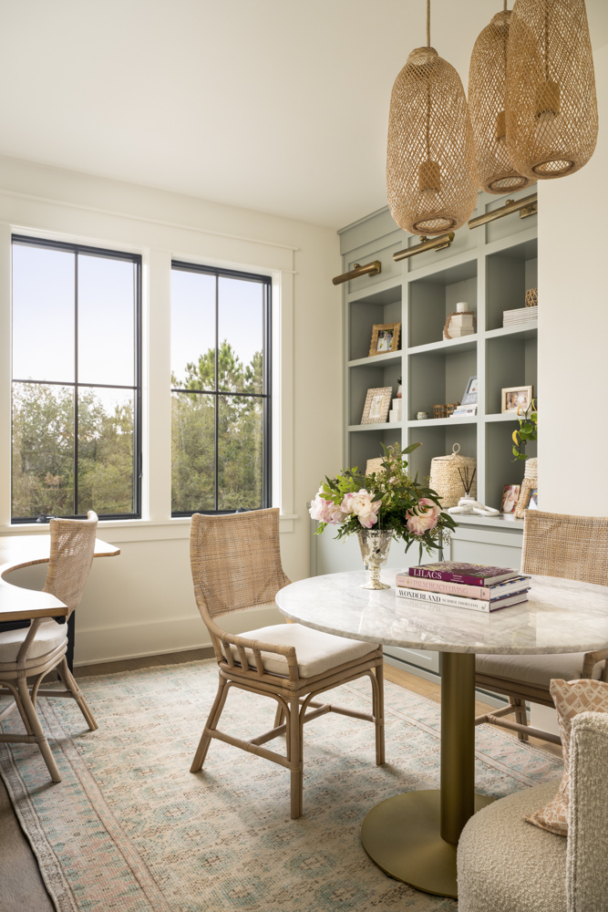 Home office space Home office with build-in shelves and wicker accents