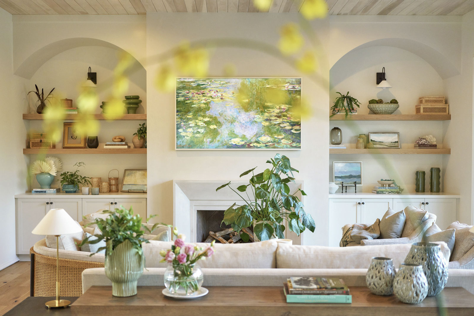 Sage-horizontal-living Primary bedroom with shiplap ceiling accents